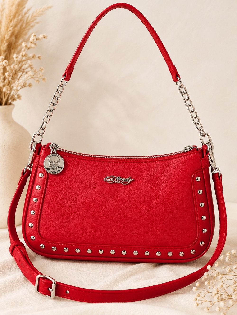 Ed Hardy Red Studded Shoulder Crossbody Bag Y2K Skull